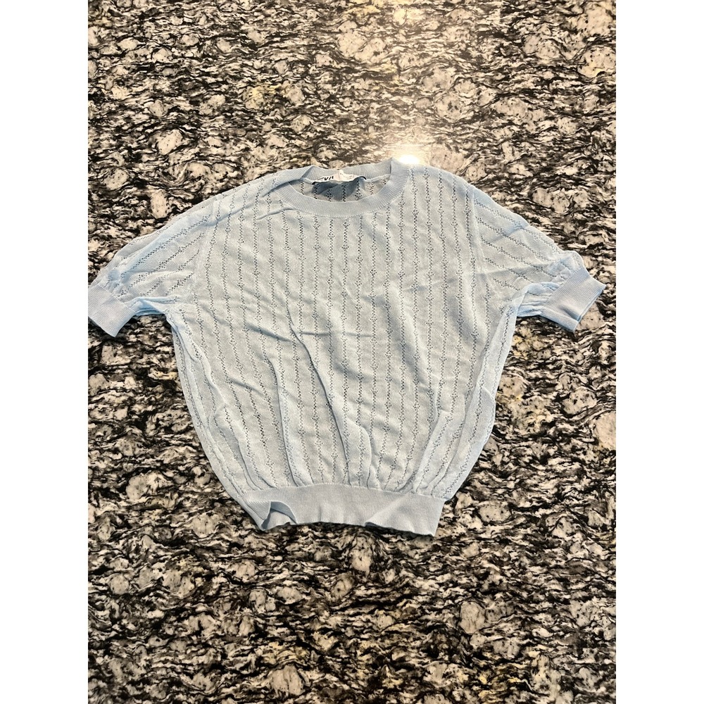 Zara Womens Light Blue Pointelle Knit Short Sleeve Sweater Top Size XS